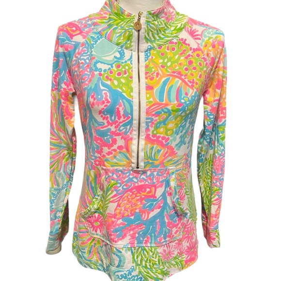 Lilly Pulitzer Tops - Lilly Pulitzer Green and Pink Half Zip Pullover Kangaroo Pockets Size Small